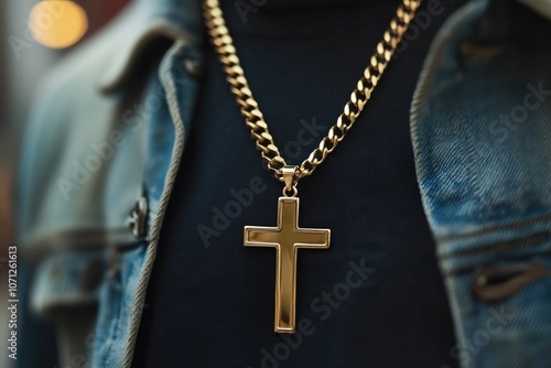 Rapper wearing gold cross and chain necklace photo