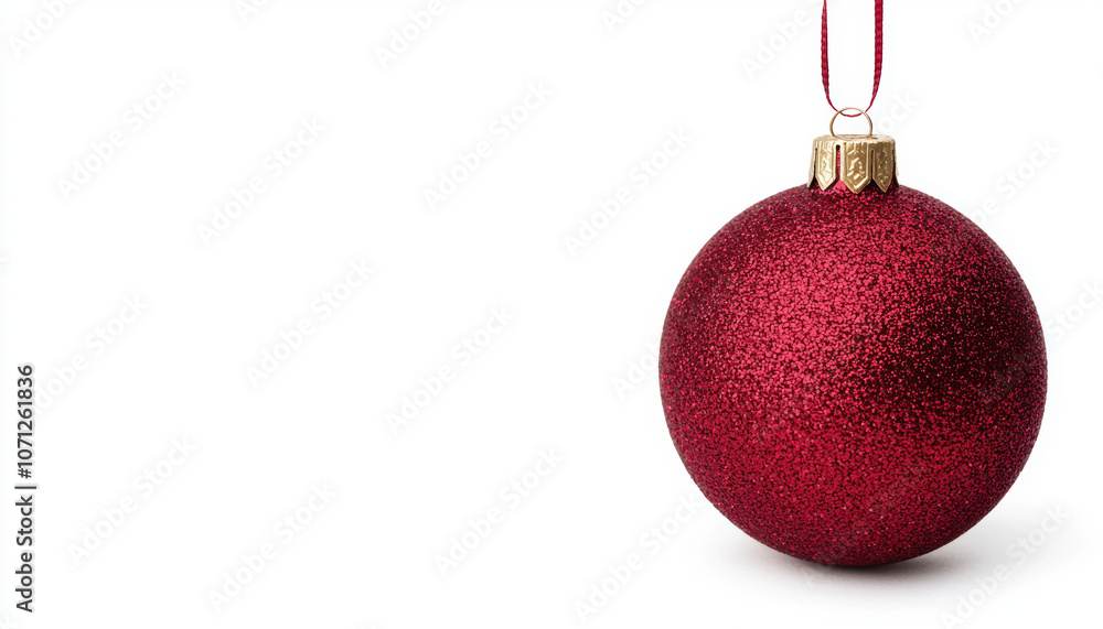 A shiny red Christmas ornament hangs from a gold cap on a plain white background. A shiny red Christmas ornament hangs from a gold cap on a plain white background.