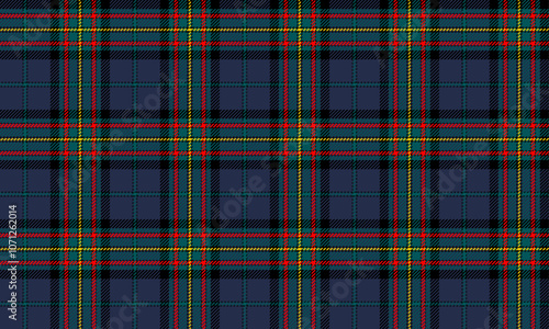 Plaid fabric pattern, blue, green, red, yellow, black, modern seamless cross lines for textiles, and for designing clothes, skirts or decorative fabrics. Vector illustration.