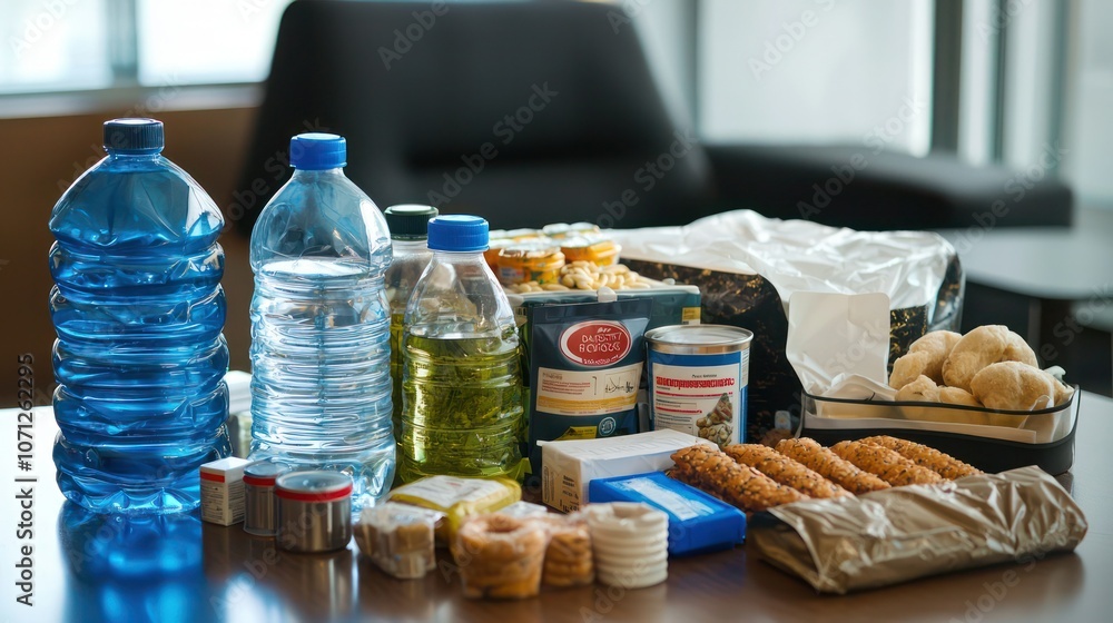 A disaster preparedness kit displayed on a table, including food, water, and medical supplies A disaster preparedness kit displayed on a table, including food, water, and medical supplies