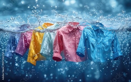 Refreshing clarity: a group of clothes submerged in clear water, essence of freshness and spotless washing, beauty of cleanliness and the invigorating feeling of freshly laundered garments. photo