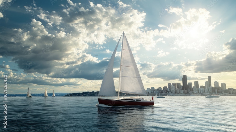 Obraz premium Sailboat on the Water with City Skyline in the Distance