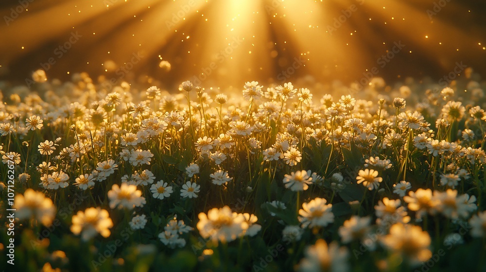 Fototapeta premium A field of daisies bathed in the warm glow of the morning sun.