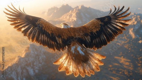 A golden eagle soars above a majestic mountain range with its wings spread wide, bathed in the warm glow of the setting sun.