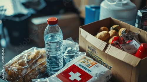 Close-up of critical items in a disaster kit, such as water, food, and first aid supplies