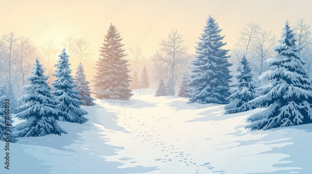 Naklejka premium Serene Winter Landscape with Snow-Covered Trees