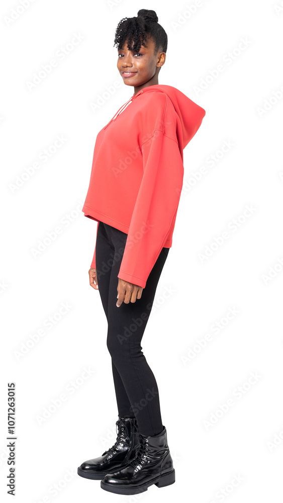 Fototapeta premium Woman png mockup in red hoodie streetwear apparel full body side profile