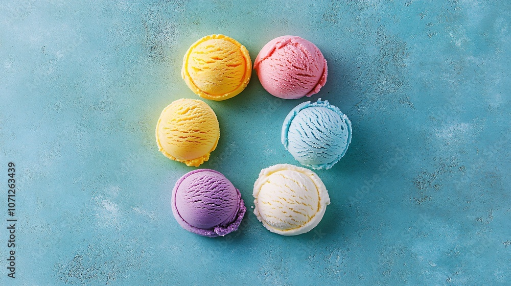 Colorful Ice Cream Scoops on Blue Background Colorful Ice Cream Scoops on Blue Background