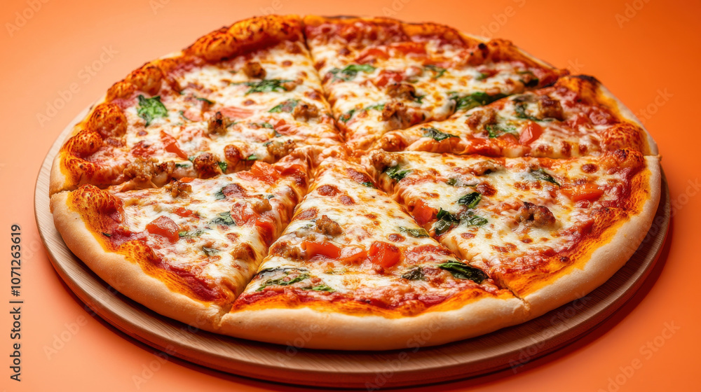 Delicious pizza with fresh toppings on wooden board, set against vibrant orange background, inviting sense of warmth and satisfaction Delicious pizza with fresh toppings on wooden board, set against vibrant orange background, inviting sense of warmth and satisfaction