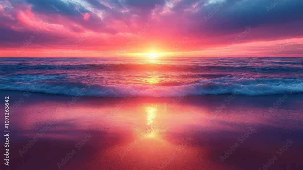 Fototapeta premium Vibrant Sunset Over Ocean Horizon with Reflections