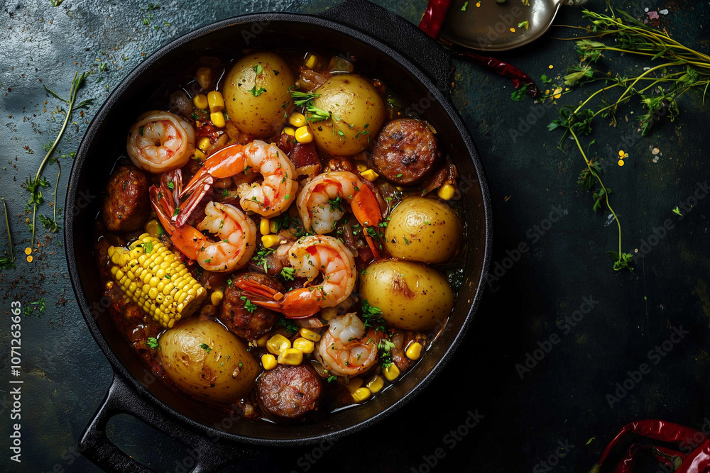 Top view of a pot of fresh shrimp, corn, sausage and potatoes Top view of a pot of fresh shrimp, corn, sausage and potatoes