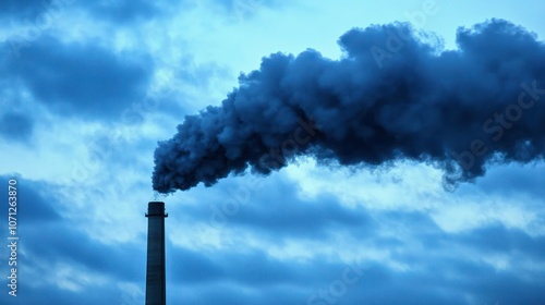 A factory smokestack releasing heavy plumes of dark smoke into the atmosphere.