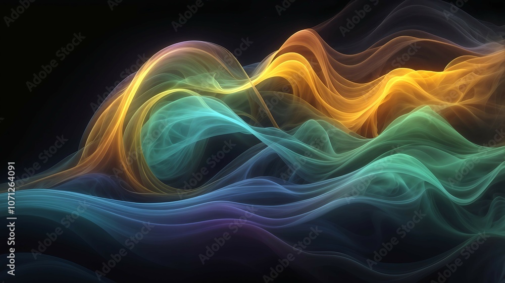 A colorful wave of light smoke is displayed on a black background. The colors are vibrant and the wave appears to be moving. Scene is energetic and dynamic A colorful wave of light smoke is displayed on a black background. The colors are vibrant and the wave appears to be moving. Scene is energetic and dynamic