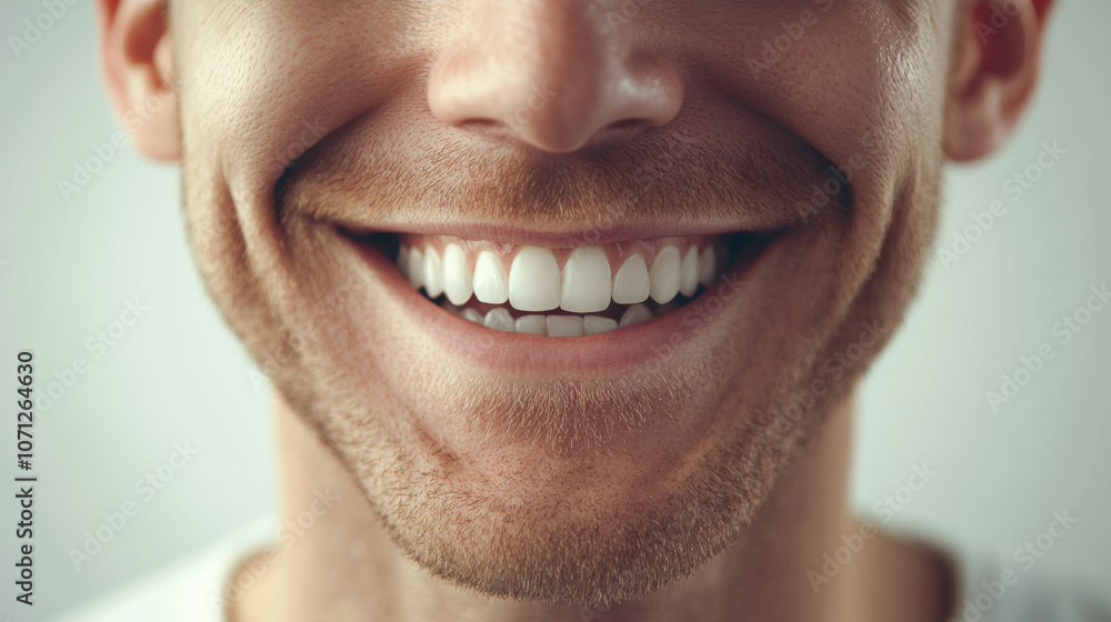 Fototapeta premium close up of smiling man showcasing bright, white teeth and cheerful expression. image captures warmth and positivity of genuine smile against neutral background