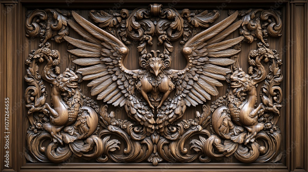 A detailed carving of a mythical bird flanked by two dragons with outstretched wings, surrounded by intricate floral designs, on a wood panel. A detailed carving of a mythical bird flanked by two dragons with outstretched wings, surrounded by intricate floral designs, on a wood panel.