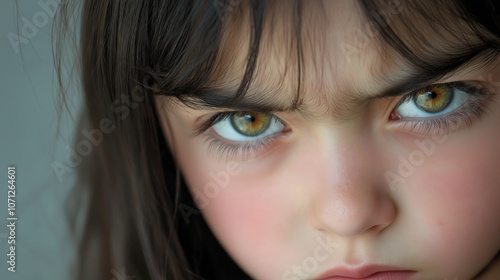 A young girl with captivating green eyes and dark hair displays a serious expression, conveying deep emotions. The focus is on her intense gaze and facial features, highlighting her feelings.