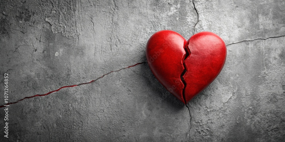 A crimson heart, split and fractured, rests upon a cracked, gray surface, a visual representation of the fragility of love and the permanence of heartbreak. A crimson heart, split and fractured, rests upon a cracked, gray surface, a visual representation of the fragility of love and the permanence of heartbreak.
