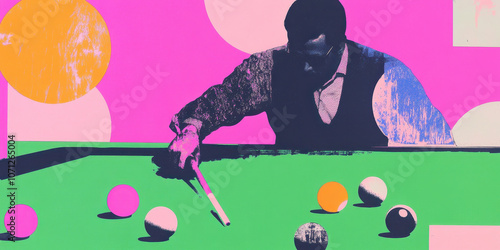 Abstract pop art illustration of a man playing billiards in vibrant colors