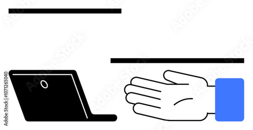 Outstretched hand with blue sleeve reaching towards a black laptop separated by horizontal lines. Ideal for technology, communication, modern work, digital interaction, accessibility, connection