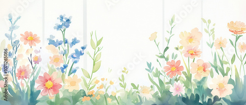 A vibrant watercolor illustration featuring colorful wildflowers against a light background, creating a soft and refreshing floral scene.