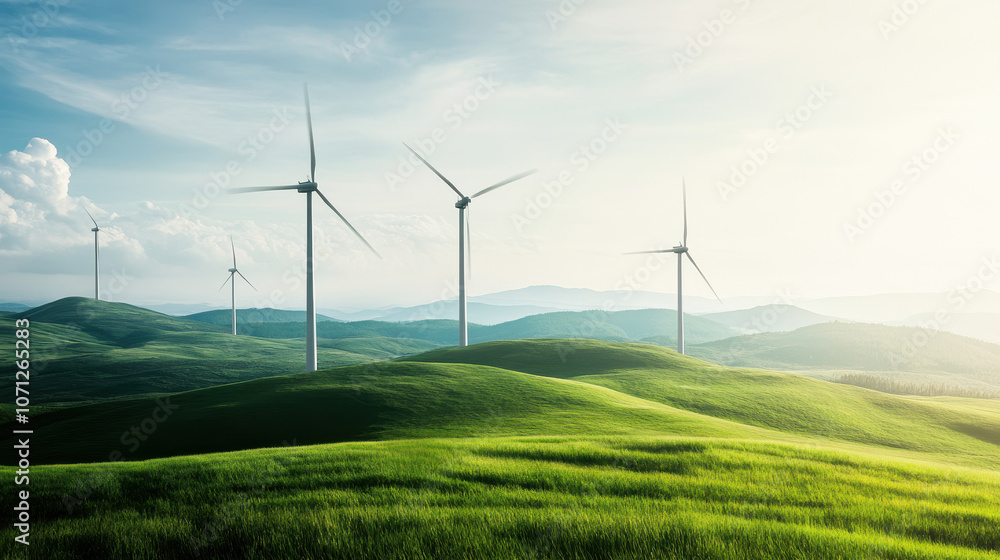 Wind turbines on lush green hills under a clear sky Wind turbines on lush green hills under a clear sky