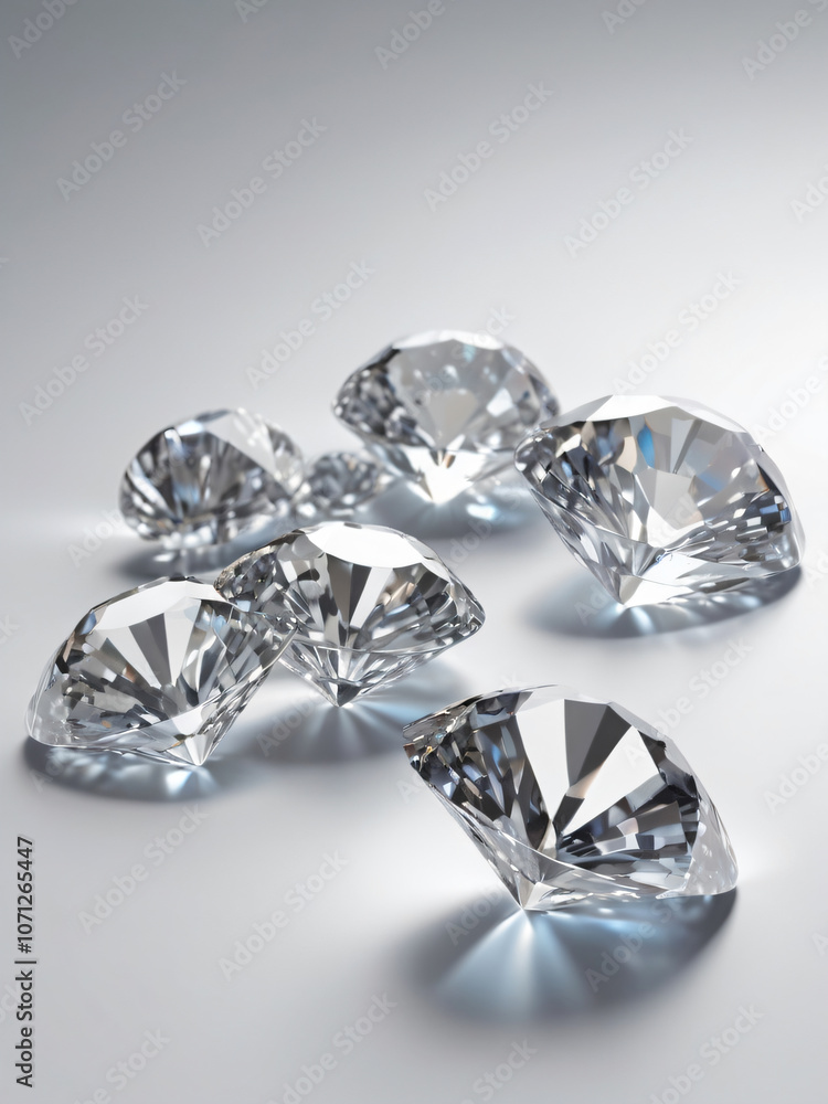 Multiple cut diamonds sparkle on a reflective white surface. Multiple cut diamonds sparkle on a reflective white surface.
