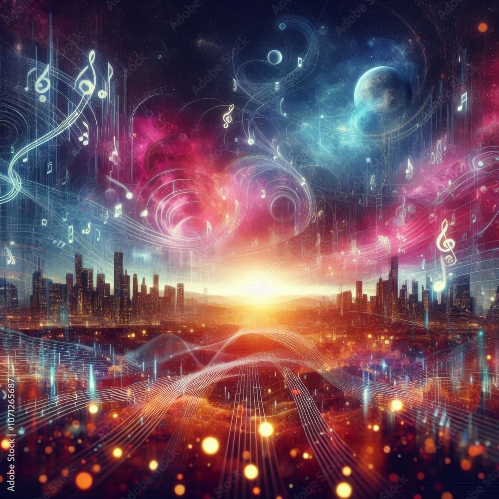Panorama with music notes and electronic elements for a dynamic background Panorama with music notes and electronic elements for a dynamic background