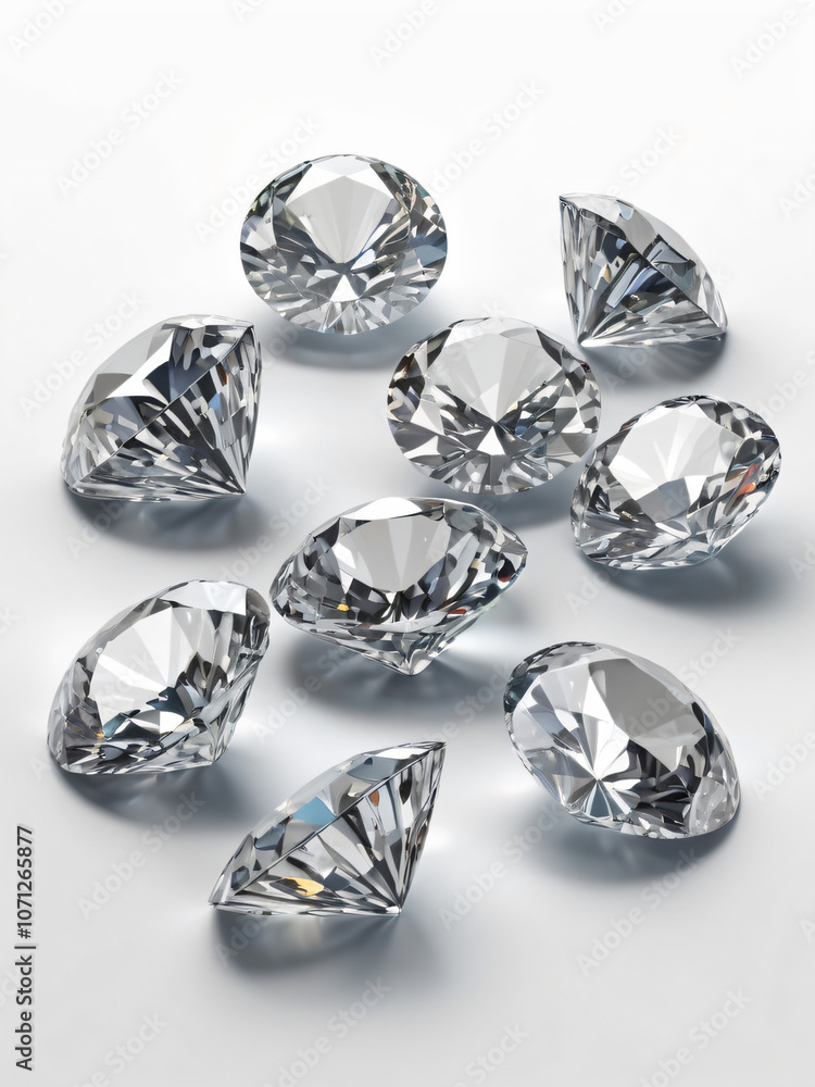 Multiple cut diamonds sparkle on a reflective white surface. Multiple cut diamonds sparkle on a reflective white surface.
