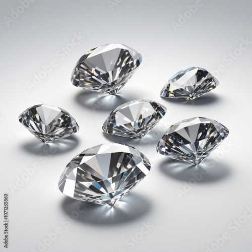 Multiple cut diamonds sparkle on a reflective white surface.