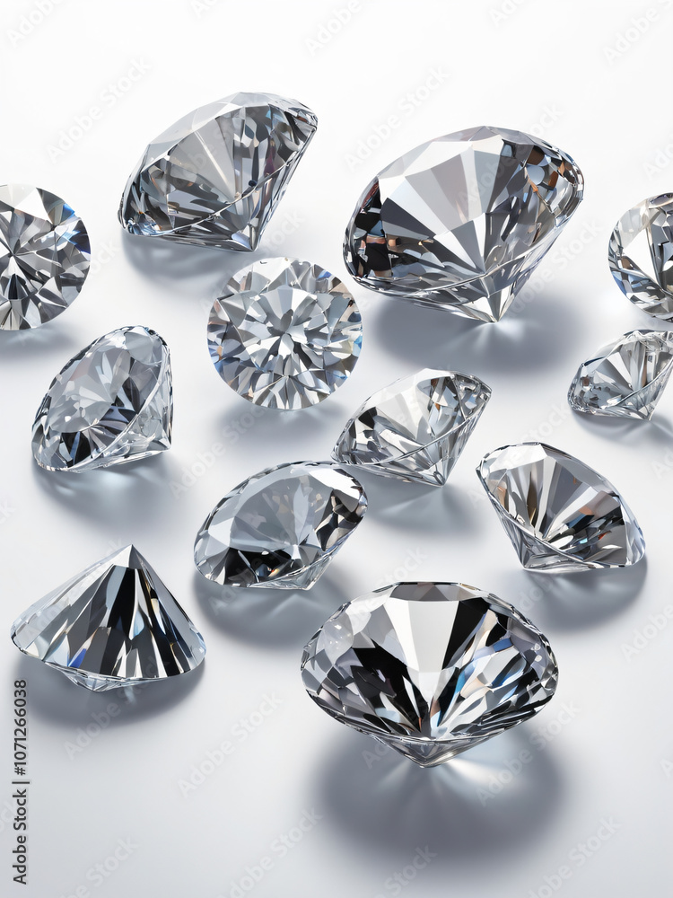 Multiple cut diamonds sparkle on a reflective white surface. Multiple cut diamonds sparkle on a reflective white surface.