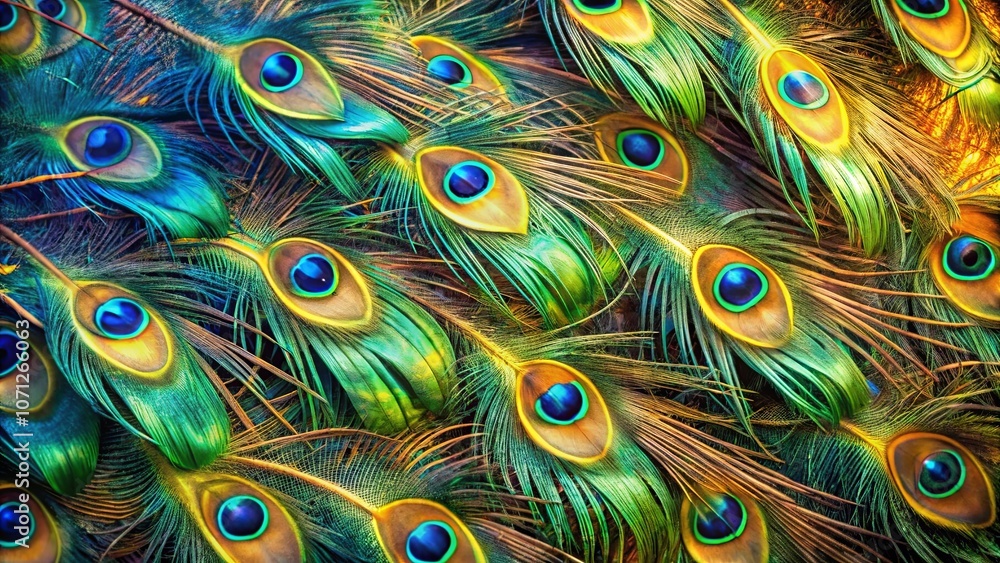 Obraz premium A symphony of emerald, azure, and gold iridescent peacock feathers arranged in a captivating pattern.