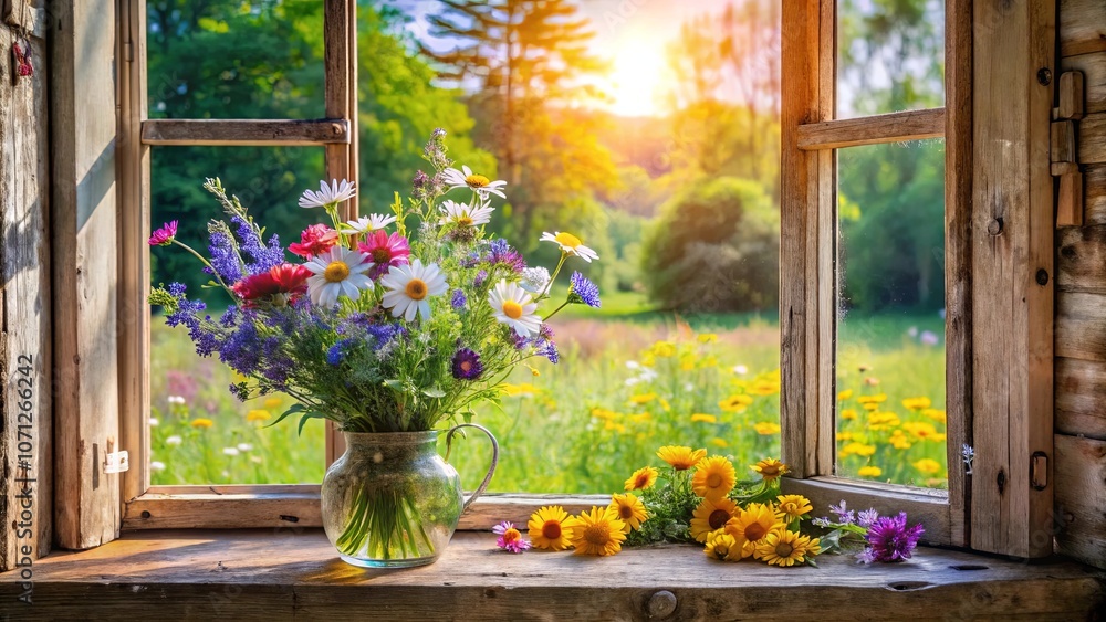 Sunlight Streaming Through a Rustic Window, Illuminating a Bouquet of Vibrant Wildflowers on a Weathered Windowsill Sunlight Streaming Through a Rustic Window, Illuminating a Bouquet of Vibrant Wildflowers on a Weathered Windowsill