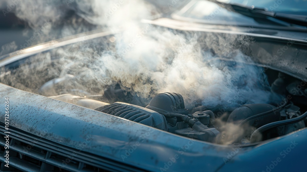 Smoke rising from the hood of a car, indicating an engine problem. Smoke rising from the hood of a car, indicating an engine problem.