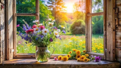 Sunlight Streaming Through a Rustic Window, Illuminating a Bouquet of Vibrant Wildflowers on a Weathered Windowsill