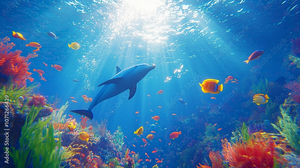 Naklejka premium wide-angle lens, A school of fish swimming in the deep blue ocean, with colorful tropical fish and a dolphin at different depths. generative ai