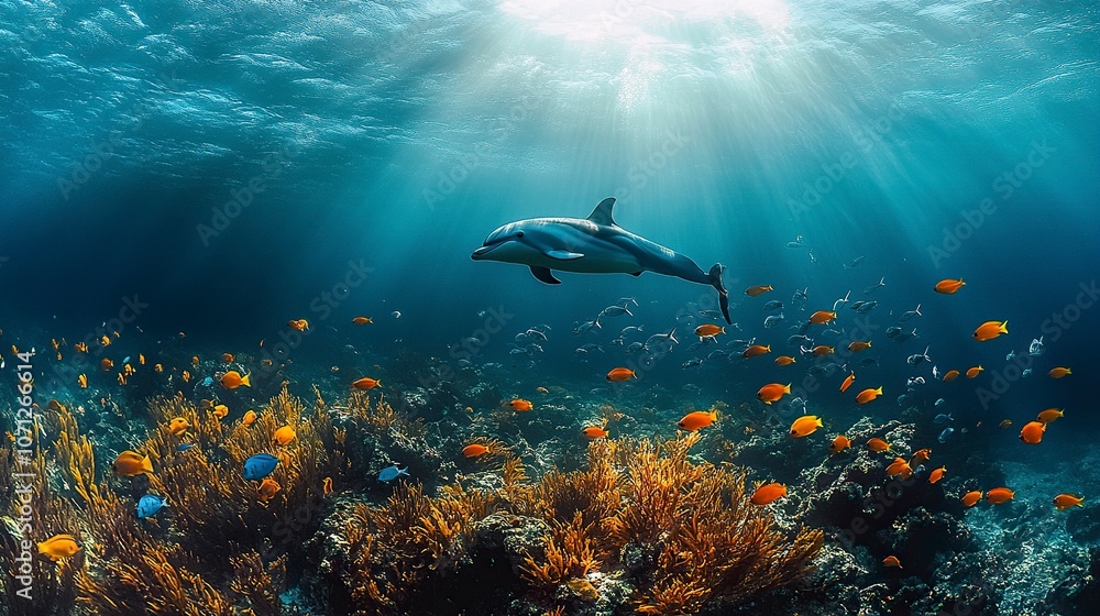 Fototapeta premium wide-angle lens, A school of fish swimming in the deep blue ocean, with colorful tropical fish and a dolphin at different depths. generative ai