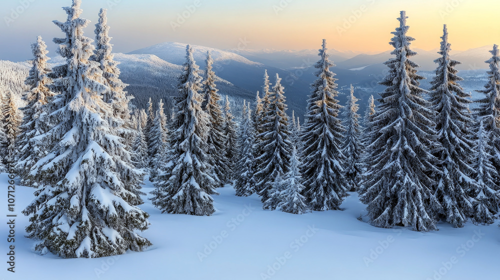 A serene winter landscape featuring a forest of snow-laden evergreen trees illuminated by the soft hues of sunrise. A serene winter landscape featuring a forest of snow-laden evergreen trees illuminated by the soft hues of sunrise.