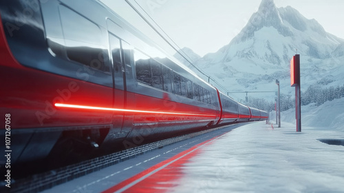 modern train station features sleek, futuristic red train set against stunning snowy mountain backdrop. scene evokes sense of adventure and innovation photo