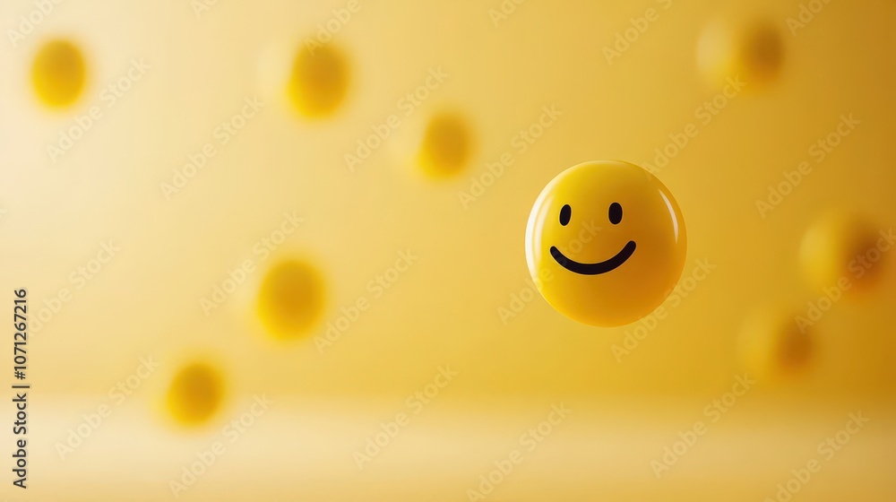 Fototapeta premium A background of yellow smiley faces with different expressions and emotions floating in the air on an isolated yellow background.