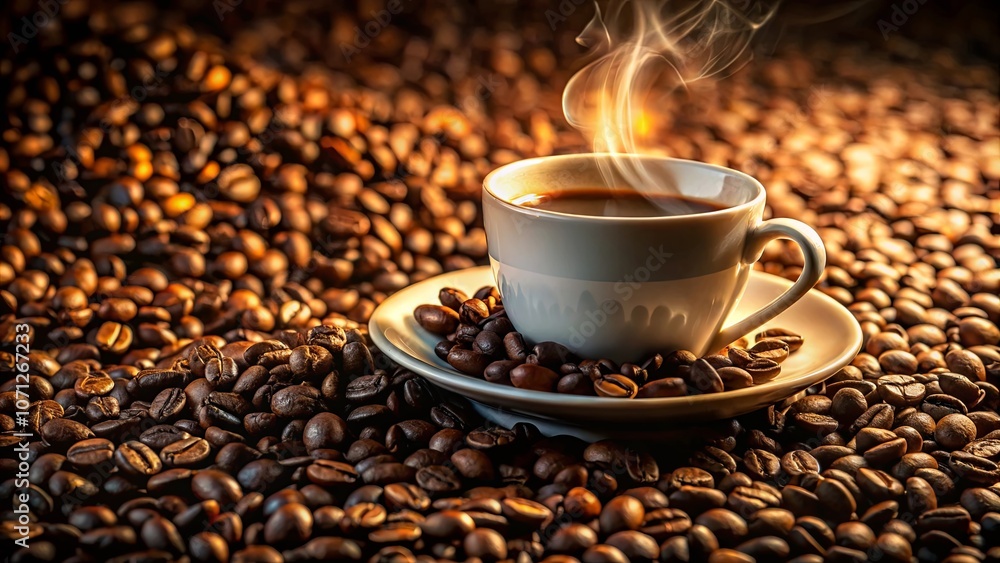 A steaming cup of coffee nestled amidst a sea of roasted beans, ready to awaken the senses with its rich aroma and invigorating taste. A steaming cup of coffee nestled amidst a sea of roasted beans, ready to awaken the senses with its rich aroma and invigorating taste.
