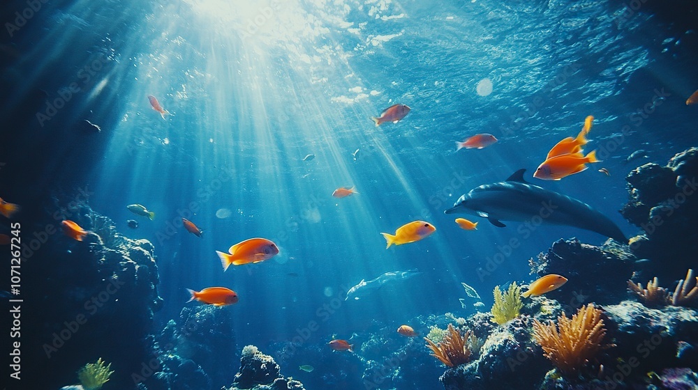 Naklejka premium wide-angle lens, A school of fish swimming in the deep blue ocean, with colorful tropical fish and a dolphin at different depths. generative ai