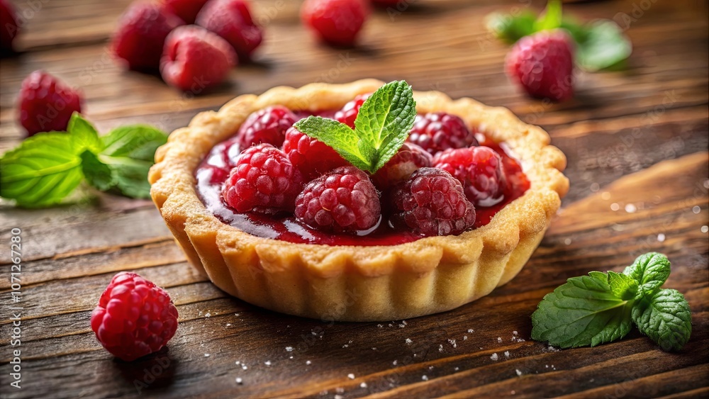 A Single Raspberry Tartlet Adorned with Fresh Mint and Surrounded by Scattered Raspberries on a Rustic Wooden Table A Single Raspberry Tartlet Adorned with Fresh Mint and Surrounded by Scattered Raspberries on a Rustic Wooden Table
