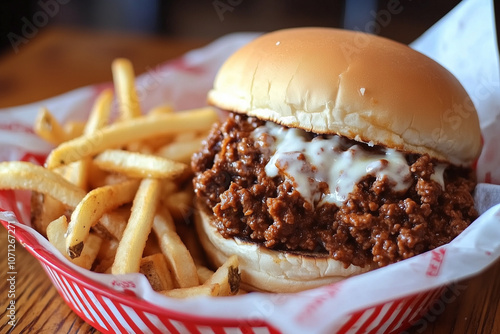 Close-up of sloppy joes with french fries on wooden table photo