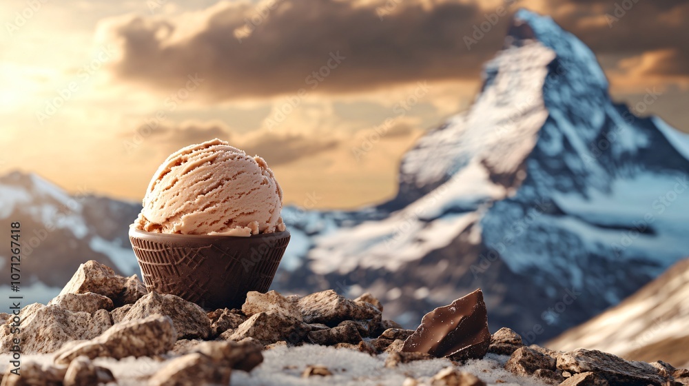 Chocolate Ice Cream on Mountain Peak at Sunset Chocolate Ice Cream on Mountain Peak at Sunset