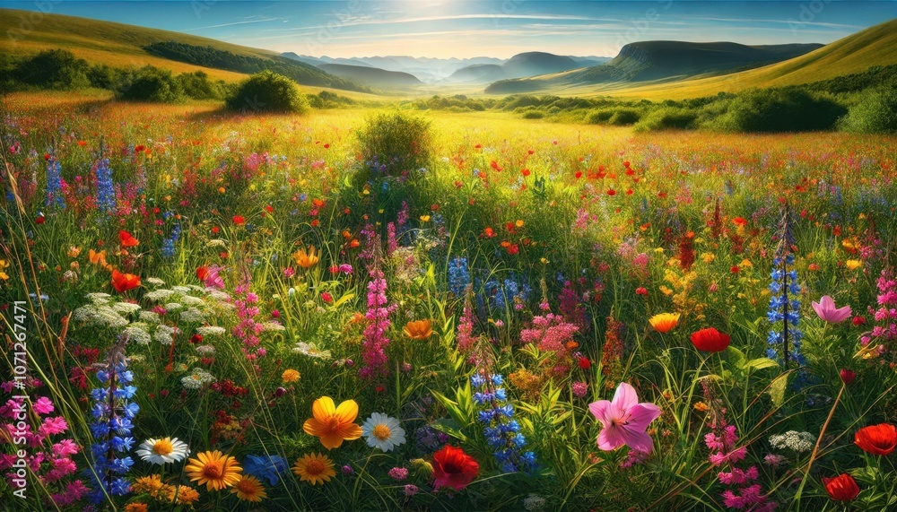 Obraz premium Vibrant Wildflower Meadow with Rolling Hills and Blue Sky - Summer Landscape Photography