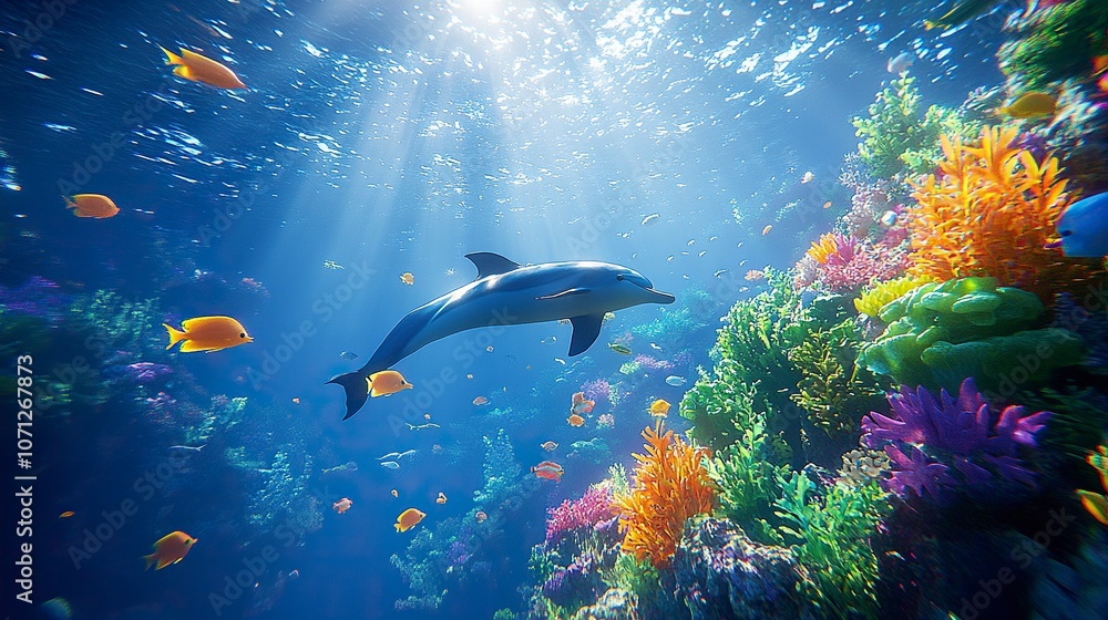 Fototapeta premium wide-angle lens, A school of fish swimming in the deep blue ocean, with colorful tropical fish and a dolphin at different depths. generative ai