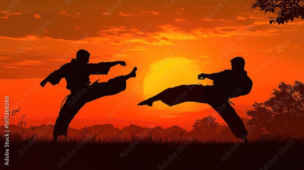 Karate Fighters Silhouetted Against a Fiery Sunset Karate Fighters Silhouetted Against a Fiery Sunset