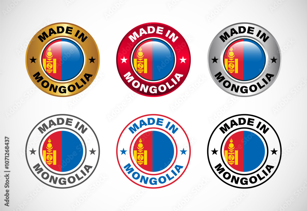 Naklejka premium Made in Mongolia label icon with flag. Icon set for business, badge, seal, sticker, logo, and symbol
