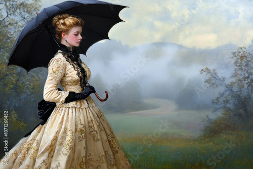 Elegant Victorian Woman with Umbrella in Misty Landscape
