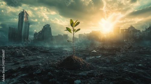 New Life After Destruction A Lone Plant Sprouting Through a Cityscape of Rubble and Smoke photo